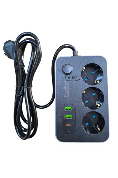 ShowMax Sh4626 Termal Akım Korumalı Uzatma Kablosu 3*Priz + 2*Usb + Type-C + Anahtar 2M Siyah