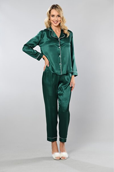 Viselya Set de pijamale din satin alb cu vipușcă verde smarald