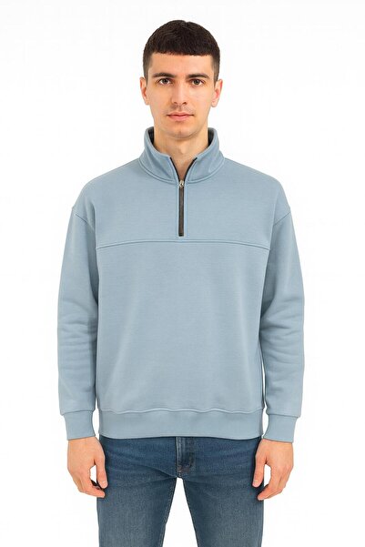 CLASSİCS MEN Unisex Relax Fit Comfortable Cut Cotton Half Zipper Stand Collar Sweatshirt - 7385