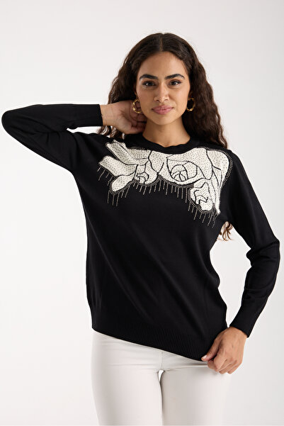 Moda Days Bluză din tricot din țesătură de viscoză Elite neagră pentru femei cu pietre aplicate guler rotund