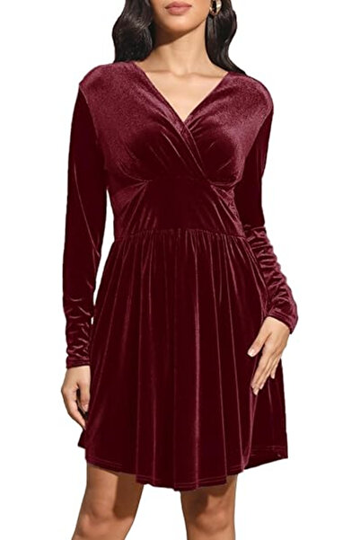 OEM Elegant velvet dress for women above the knee, long sleeves, Burgundy 2XL