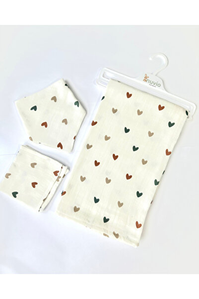 NuvioKids طقم بطانية من القطن العضوي المزخرف بنمط القلب مكون من 3 قطع - بطاني...