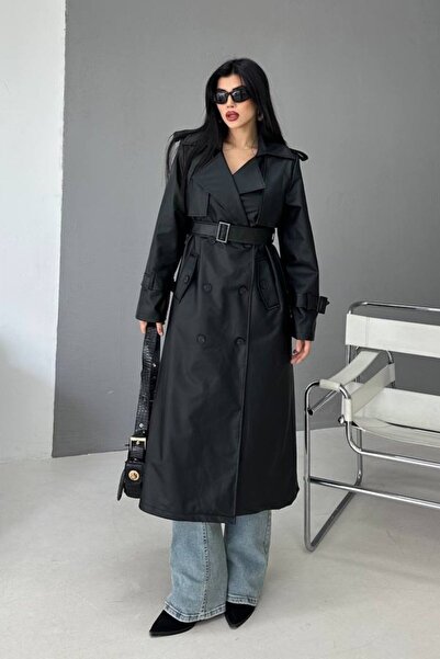 AKD Atelier Women's Trench Coat Long Faux Leather Belted Buttoned Pockets Slit Double Breasted Lapel Trench Coat
