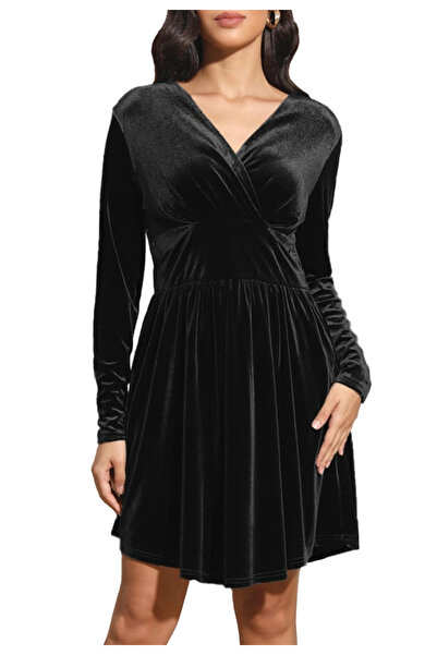 OEM Elegant velvet dress for women above the knee, long sleeves, black M