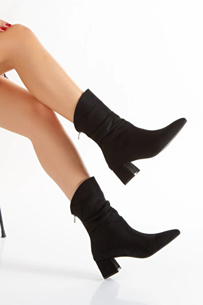 MFT AYAKKABI حذاء نسائي قصير بكعب سميك من جلد الغزال الأسود