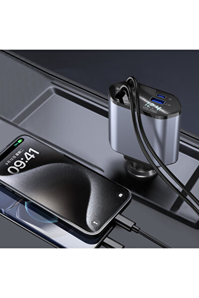 CHARGER Încărcător Auto Retractabil 4 în 1 cu Încărcare Rapidă – USB-C Lightning 100W