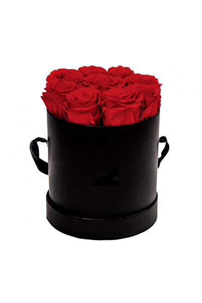 velve Aranjament floral cu 9 trandafiri de sapun, in cutie neagra rotunda, ro...