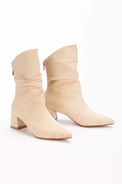 MFT AYAKKABI Kadın Bej Süet Körüklü Kısa Kalın Topuklu Bot