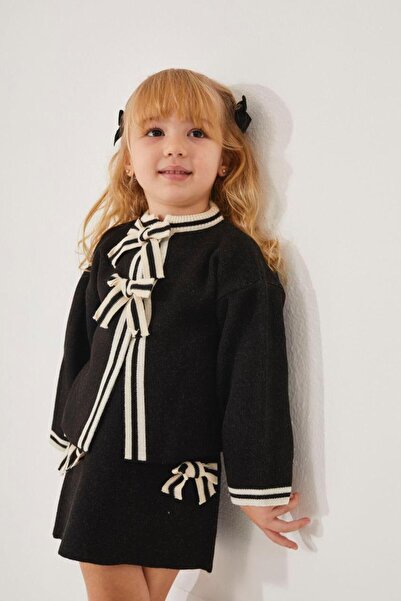 Momercy Girl's Knitwear Set with Black Bow Cardigan and Skirt