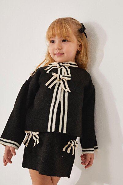 Momercy Girl's Knitwear Set with Black Bow Cardigan and Skirt