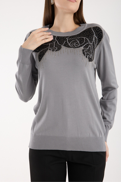 Moda Days Women's Gray Elite Viscose Fabric Stone Detailed Crew Neck Knitwear Blouse