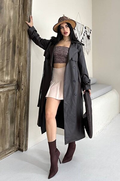 AKD Atelier Women's Trench Coat Long Faux Leather Belted Buttoned Pockets Slit Double Breasted Lapel Trench Coat