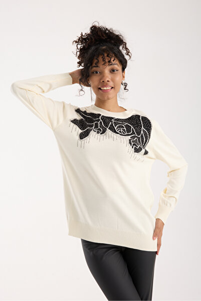 Moda Days Women's Ecru Elite Viscose Fabric Stone Detailed Crew Neck Knitwear Blouse