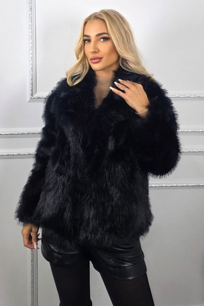 FashionForYou Jacheta scurta Kasmina, blana ecologica cu revere, aspect , Negru