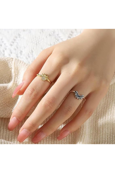 OEM Inele fine din argint 925 și zirconiu șlefuit, set de 2 piese Soare și Lună