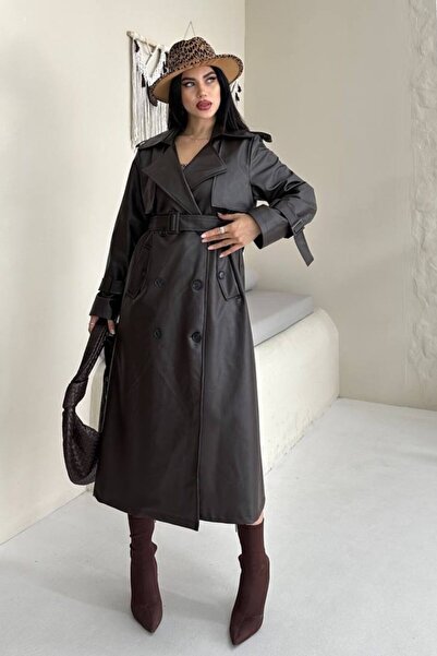 AKD Atelier Women's Trench Coat Long Faux Leather Belted Buttoned Pockets Slit Double Breasted Lapel Trench Coat