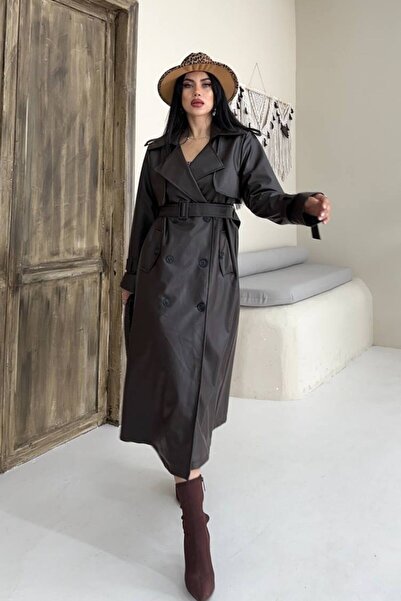 AKD Atelier Women's Trench Coat Long Faux Leather Belted Buttoned Pockets Slit Double Breasted Lapel Trench Coat