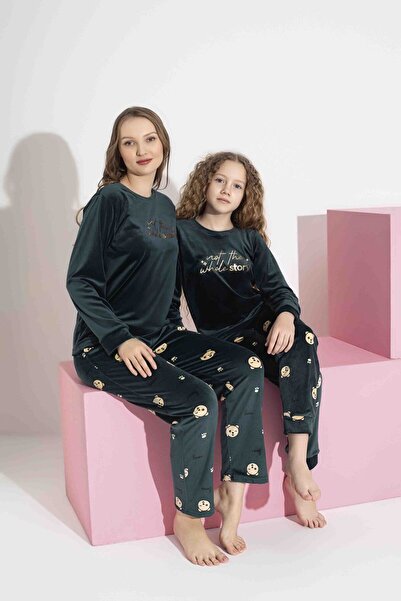 Mine style Mother Daughter Velvet-Khaki Ayl Injection Printed Winter French Velvet Pajama Set