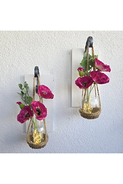 STDEKOR Wall Decoration, Led Lighted, Fuchsia Poppy Flowers, White Sconce Set of Two