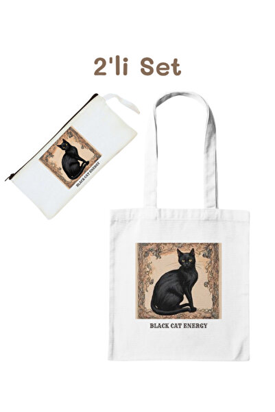 junobi Bez Çanta + Kalemlik - Kedi Desenli Set (Black Cat Energy) - 2'li Avantaj Seti
