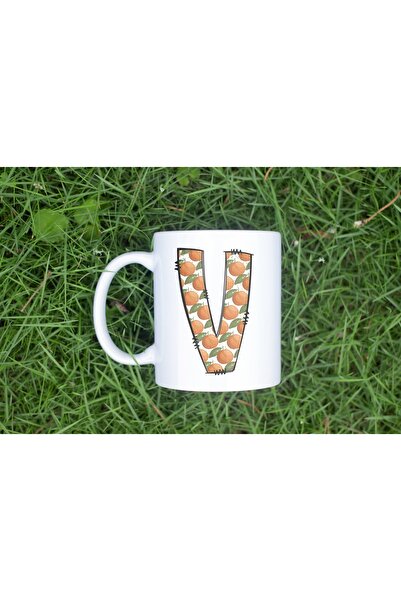 Beramussa Letter V Mug - Orange Tangerine Patterned - Fruit Themed Tea Coffee...