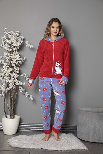 MOPİ Welsoft Hooded Zippered Long Sleeve Plush Soft and Warm 2-Piece Pajama Set