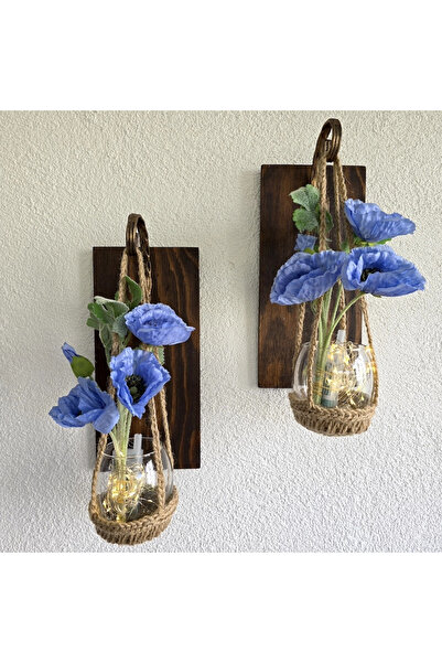STDEKOR Wall Decoration, Led Lighted, Blue Poppy Flowers, Walnut Sconce Set of Two