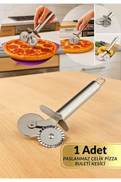 BRE HOME Paslanmaz Çelik Pizza Kesici Rulet | 2 Bıçaklı Kesim Aparatı | Hamur...