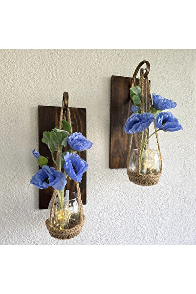 STDEKOR Wall Decoration, Led Lighted, Blue Poppy Flowers, Walnut Sconce Set of Two