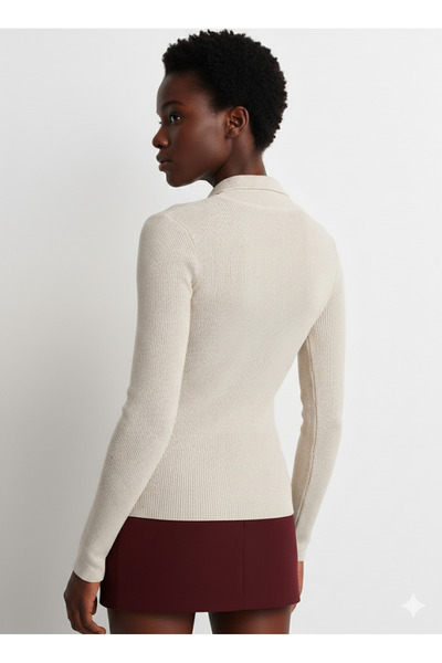 Dilvin 10686 Stand Collar Snap Fastener Knit Sweater-Stone