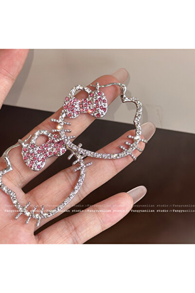 Tenshi Hello Kitty Taşlı Y2K Kore Tarzı Sevimli Pembe ve Gümüş Renkli Küpe