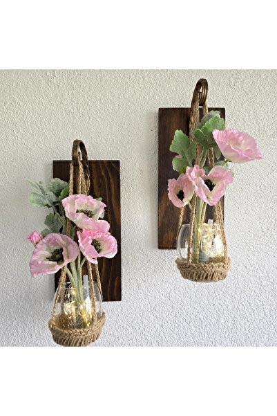 STDEKOR Wall Decoration, Led Lighted, Pink Poppy Flowers, Walnut Sconce Set of Two