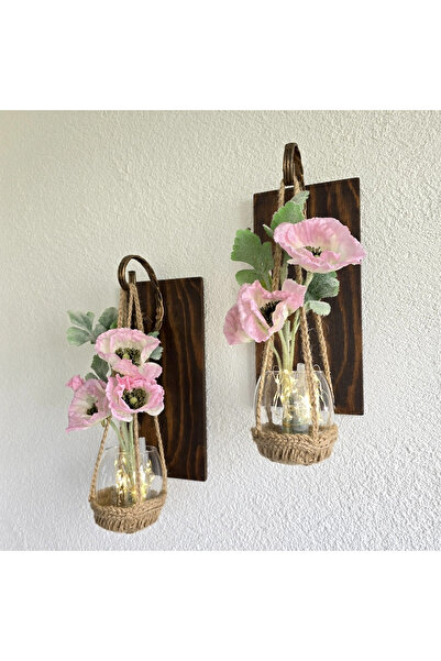 STDEKOR Wall Decoration, Led Lighted, Pink Poppy Flowers, Walnut Sconce Set of Two