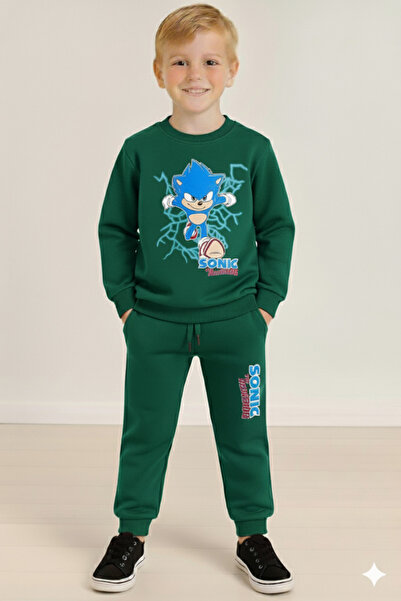 LİTTLE TORTOİSE Boy's Blue Sonic Printed Long Sleeve 3 Thread Winter Sweatshirt / Sweatpants Set