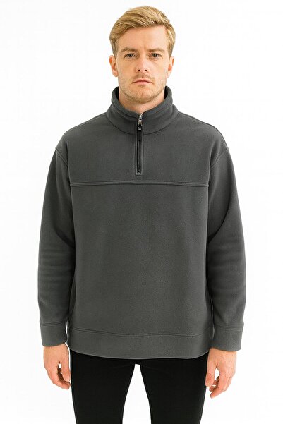 CLASSİCS MEN Unisex Relax Fit Comfortable Cut Fleece Half Zipper Stand Collar Sweatshirt - 7387