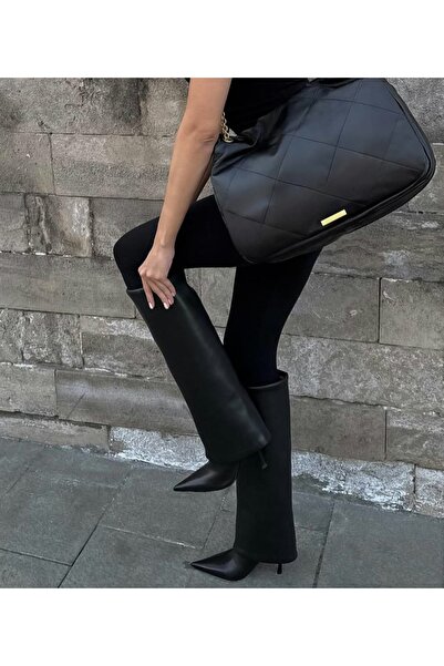 FUNDA AKIN Mi Luz Tozluk Detaylı Sivri Burun Siyah Çizme