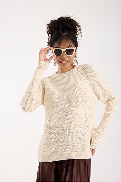 Moda Days Women's Ecru Thessaloniki Knitted Raglan Sleeve Crew Neck Glitter Knitwear Sweater