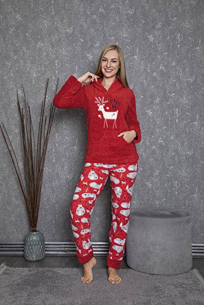 MOPİ Welsoft Hooded Kangaroo Pocket Long Sleeve Plush Soft and Warm 2-Piece Pajama Set