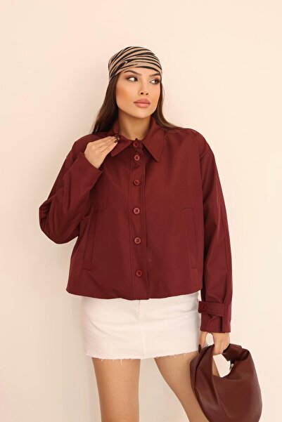 Hazel Kadın Bordo Kısa Oversize Trençkot