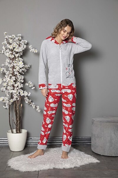 MOPİ Welsoft Hooded Zippered Long Sleeve Plush Soft and Warm 2-Piece Pajama Set