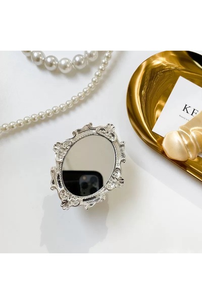 EDELFU Popsocket Retro Aynalı Model Yanları Gümüş - Yapışkanlı Telefon Tablet Tutacağı ve Standı