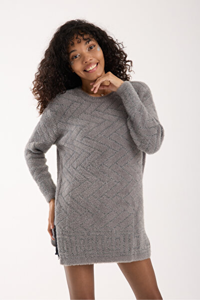 Moda Days Women's Gray Glittery Beard Yarn Side Slit Crew Neck Knitwear Sweater