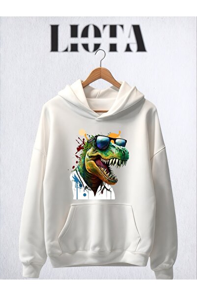 Vordevia سويت شيرت قطني كبير الحجم مطبوع عليه ديناصور مكون من 3 خيوط