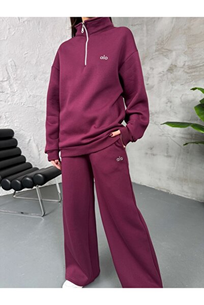 Elif Özbey Butik Burgundy Half-Zipper Embroidered Sweat Suit