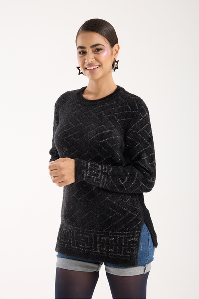 Moda Days Pulover de tricotat pentru femei, negru, argintiu, Y cu fantă B guler rotund