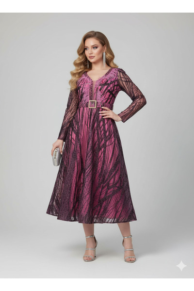 Robes Simli Uzun Kollu V Yaka Kemerli Midi Elbise-802