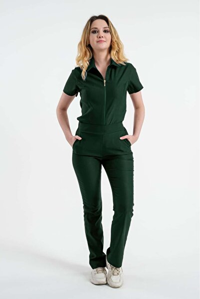 LİZY STORE Asteria-Green Women's Zipper Nurse Doctor Uniform Set Scrubs Suit Hospital Uniform