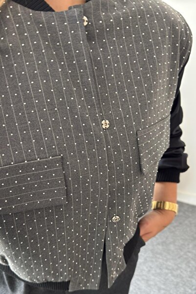 Suziş Stone Detail, Striped, Sleeves Parachute Fabric Bomber Jacket Coat 35453