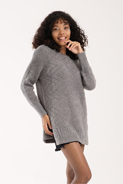 Moda Days Pulover tricotat pentru femei, gri argintiu, Y cu fantă B guler rotund