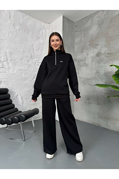 Elif Özbey Butik Μαύρο σετ φούτερ με μισό φερμουάρ